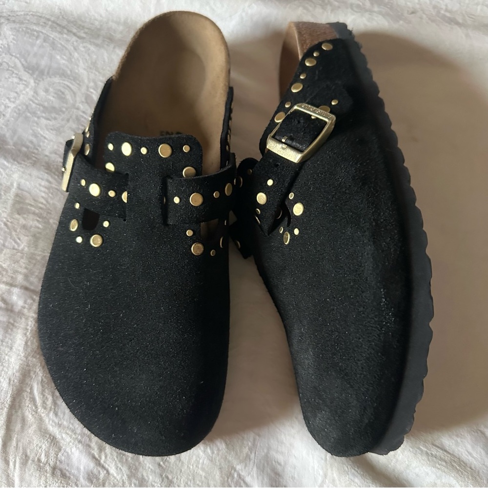 New never worn Birkenstock Black Mules with Gold Rivets - Picture 2 of 7